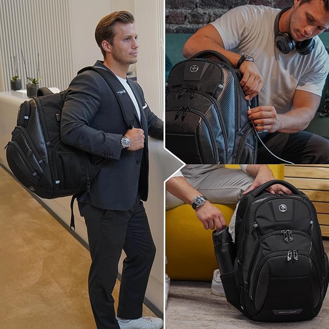 Swissdigital Design TSA Business Laptop Backpack for Men, Large Capacity Travel Backpack with Apple Find My Network and USB Charging Port Tech Backpacks Fits 17 Inch Computer Black| SD1643FB-01