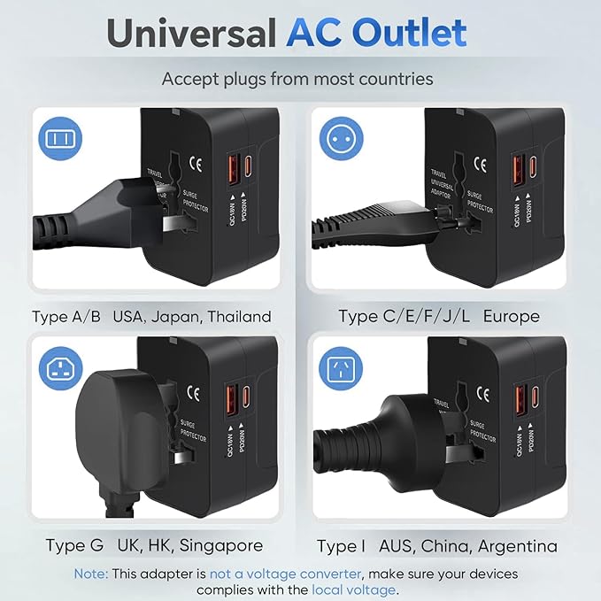 Universal Travel Adapter Worldwide, GaN Fast Charging with PD 3.0 USB-C & USB-A Quick Charge Ports, All-in-One International Power Plug Adapter Converter AC Wall Charger for Europe USA UK AUS Black