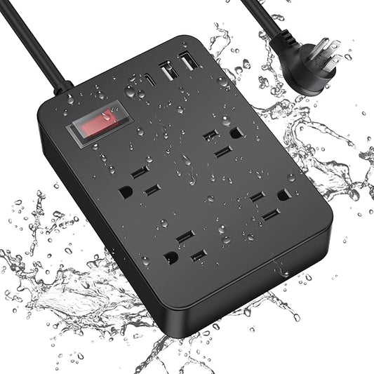 Outdoor Power Strip Weatherproof,Fast Charging Station 20W USB C,Waterproof Surge Protector 4 Outlets, Multi Outlet Extension for Camping, Garden, Kitchen,Bathroom,Flat Plug (Black, 25 FT Cable)