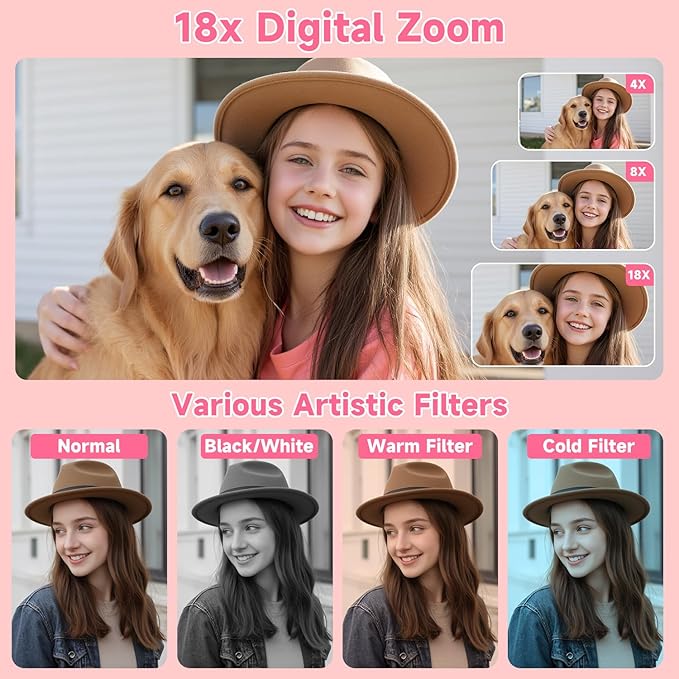 Digital Camera, Autofocus 4K 64MP Point and Shoot Digital Cameras for Teens with 64GB Card, 18X Zoom Anti-Shake Compact Video Camera for Student Kids Boys Girls Beginner - Pink
