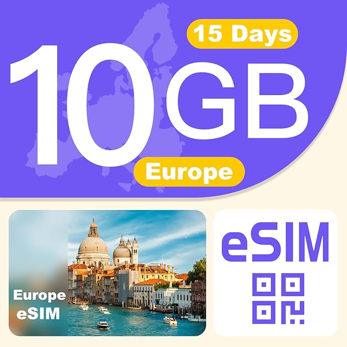 Europe eSIM Card 10GB 15Days - 4G LTE High-Speed Network, Prepaid eSIM for 31 Countries, Hotspot Support, High Coverage Multi-Carrier for Unlocked iPhone and Android,No Contract No SIM Card