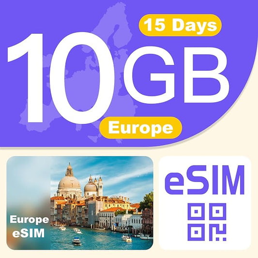 Europe eSIM Card 10GB 15Days - 4G LTE High-Speed Network, Prepaid eSIM for 31 Countries, Hotspot Support, High Coverage Multi-Carrier for Unlocked iPhone and Android,No Contract No SIM Card