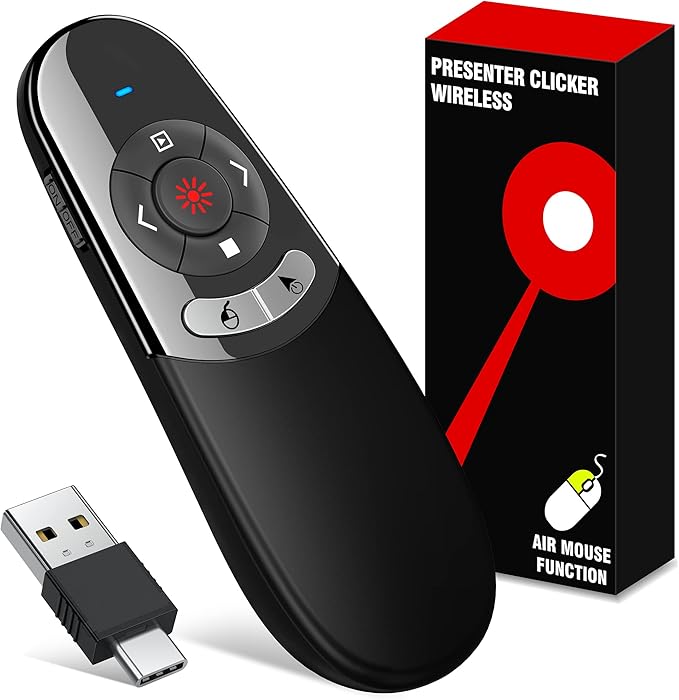 2 in 1 USB Type C Presentation Clicker Air Mouse with Red Light Pointer, Wireless Presenter for PowerPoint Presentation PPT Clicker, 2.4GHz Presenter Remote Slide Advancer for MacBook/Computer/Laptop