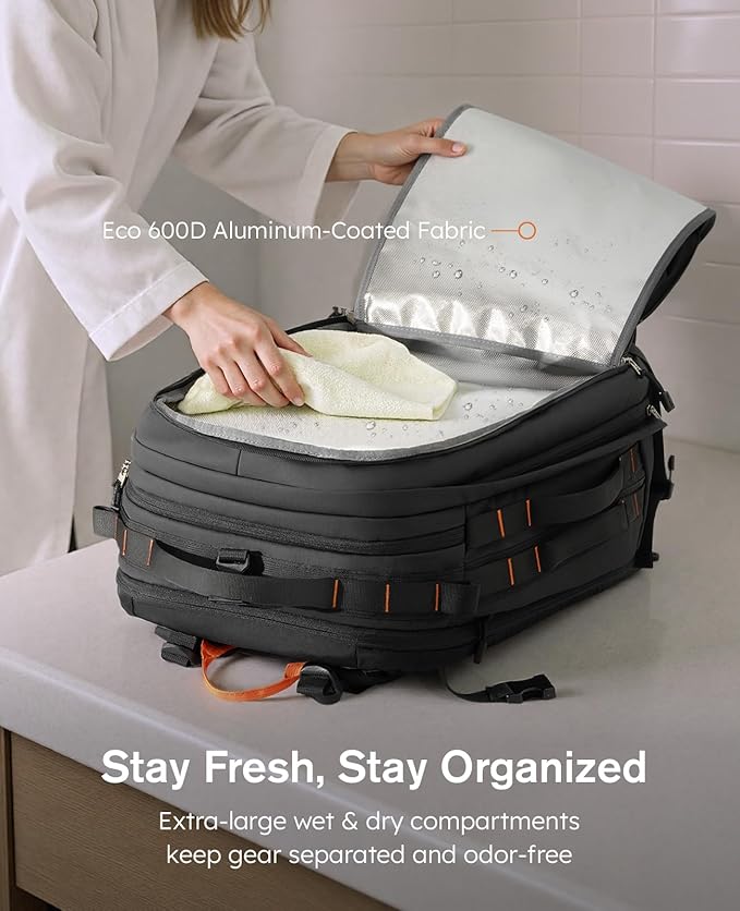 Tolaccea Travel Laptop Backpack, TSA Friendly Flight Approved Carry-on Business Rucksack Work Backpack with Extra Toiletry Bag, Dual Storage for 17.3" Laptop and 12.9" Tablet, 40-45L Expandable