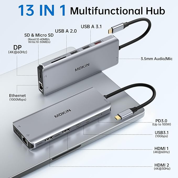 USB C Laptop Docking Station Dual Monitor Dual HDMI 4k DP Triple Display Hub 10G, 13 in 1 MOKiN USB C Hub with 3 Monitors,Displayport,USB3.1,RJ45,100W PD,Card Reader,Audio/Mic, for Dell HP Lenovo