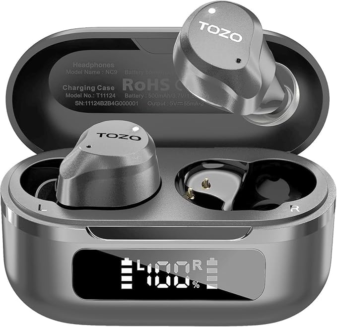 TOZO NC9 Hybrid Active Noise Cancelling Wireless Earbuds, 6 Mics ENC Clear Call, IPX8 Waterproof, in Ear Bluetooth 5.3 Headphones Stereo Bass Ear Buds 59H Playtime with LED Display 32 EQs via APP
