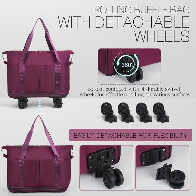 VOOWO Duffel Bag with Wheels - Rolling Foldable Expandable Duffle Bag with Wheel for Travel, Rolling Luggage Bag Carry On Travel Bag with Wheels, Large Wheeled Overnight Weekender Bags (Deep Purple)