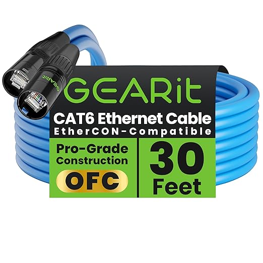 GEARit Shielded CAT6 Ethercon Cable (30 Feet) Professional Audio & Lighting RJ45 EtherCON-Compatible Cable for Studio, Stage, Concerts - 30ft Blue