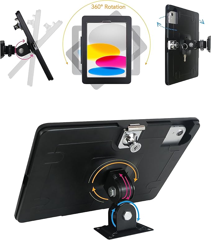 on Wall Mount Bracket for 2025 iPad 11"(A16) 11th/ 2022 iPad 10.9" 10th Gen.,Excluding Other 10.9"/11",with Anti Theft Lock & Key,Rotate Arbitrary Adjustment Angle,Metal(Black)