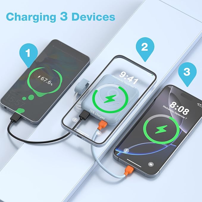 Small Magnetic Power Bank,5000mAh Mag-Safe Battery Pack with 20W Fast Charging Detachable USB C&iOS Cable,with LED Display,Slim Wireless Portable Charger for iPhone16/15/14/13/12 Series (Blue)