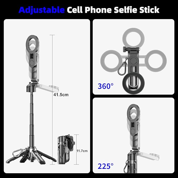 for Magsafe Tripod Stand for iPhone,Portable Pocket Size Selfie Stick with Rechargeable Remote and Metal Ring,Extendable Detachable Cell Phone Tripod Compatible with iPhone/Android
