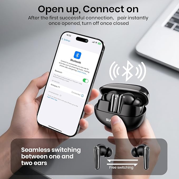 Wireless Earbuds Bluetooth 5.4 Light Weight in Ear Earphones 10mm Drivers with Powerful Bass IPX5 Waterproof Headphones 60H Long Playtime Bluetooth Headphones ANC ENC Noise Cancelling Black
