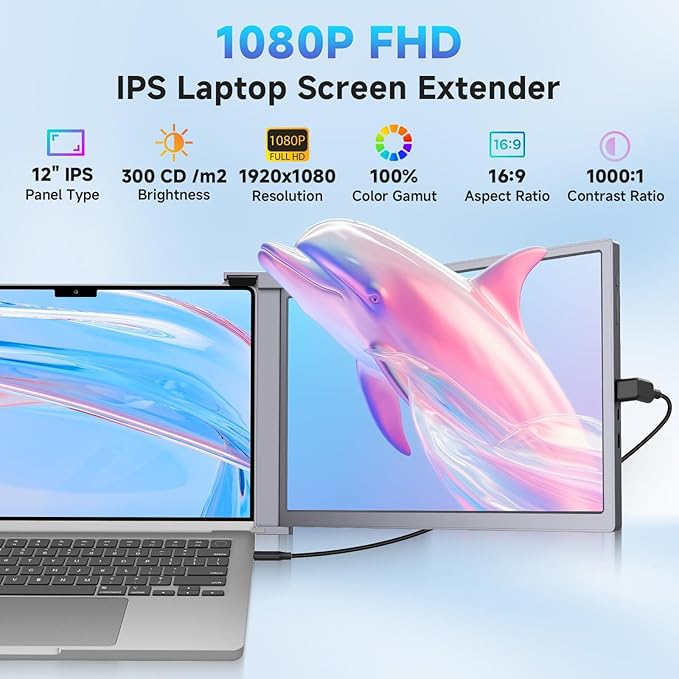 12" Laptop Screen Extender, 1080P FHD IPS Triple Portable Monitor for Laptop, Fit 13.3”-16.1”Laptops, Plug & Play Monitor Extender with USB-C/HDMI Port for Mac/Windows/Chrome/Android,Gray