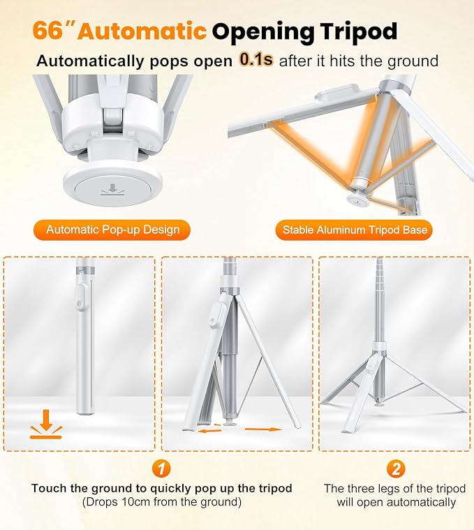 TONEOF 66" Automatic Phone Tripod with Magnetic Rechargable Remote,Selfie Stick 360° Vertical & Horizontal Rotatable,Stable for iPhone/Android(White)