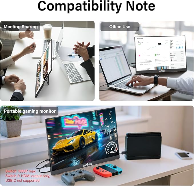 InnoView 16-inch FHD Portable Monitor 180Hz Built-in Speakers and 90°Adjustable Stand,100% sRGB IPS Laptop Screen Extender | 2 x Type-C & HDMI Portable Monitor Plug & Play for Macbook/Switch/PS5/Xbox