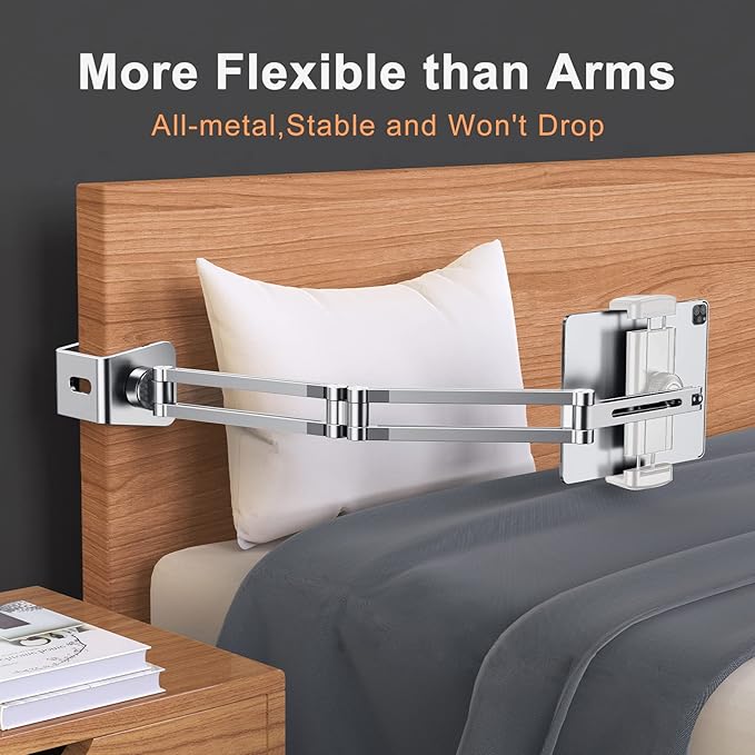 OATSBASF Phone and Tablet Holder Bed Gooseneck Mount, Aluminum Long Arm Foldable Lazy Stand, Universal 360 Degree Rotatable for iPhone, iPad, Tablet-Silver