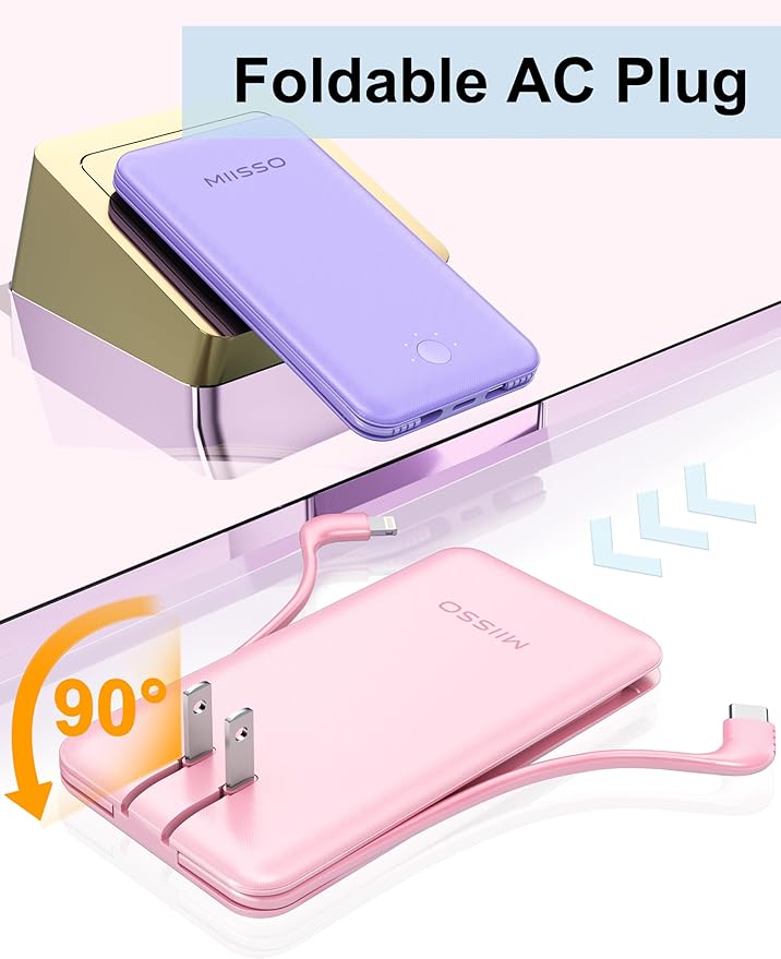 Ultra Slim 10000mAh Power Bank Built-in Cables and AC Wall Plug, Pocket Size USB C Portable Charger, External Battery Pack Compatible with iPhone Samsung, Package in Purple Hard Travel Case, Pink
