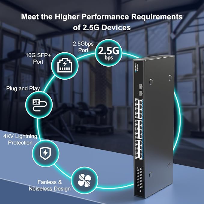 26 Port 2.5Gb Unmanaged Ethernet Switch with 24* 2.5G Base-T Ports, 2* 10G SFP+ Ports. GiGaPlus 2.5Gbps Network Switch for 2.5Gbps NAS/PC, WiFi6 Router, Wireless AP. Fanless Design, Plug and Play