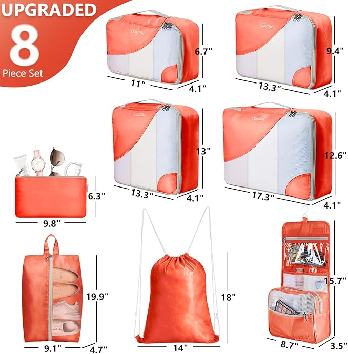 8 Set Packing Cubes for Travel, Gifts for Women Mom,Anti-Tearing Suitcase Organizer for Luggage with Shoe & Hanging Toiletry Bag,OlarHike Vacation Essentials & Accessories for Cruise Ship,Orange