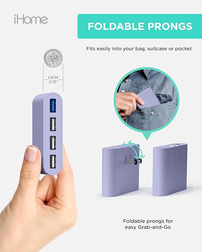 iHome Slim 4-Port USB Wall Charger, AC Pro Multiport Plug Adapter, Phone Charging Block with 4 Ports, Flat USB Wall Adapter for Home & Travel