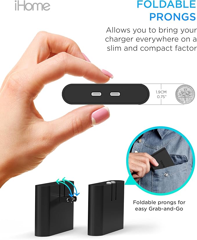 iHome Multiport 40W USB-C Charger, AC Pro 2-Port Flat Block, Dual Fast Charging Wall Adapter