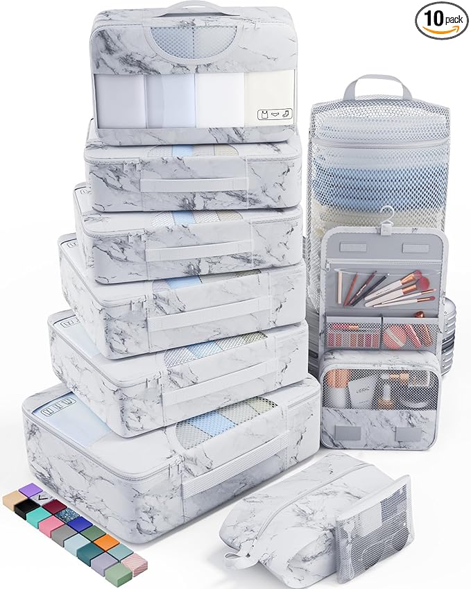 Veken 10 Set Packing Cubes for Travel Essential, Suitcase Organizer Bags in 4 Sizes, Carry-On Luggage Accessories with Large Laundry & Hanging Toiletry Bag, Must-Have for Airplane, Road Trip & Camping