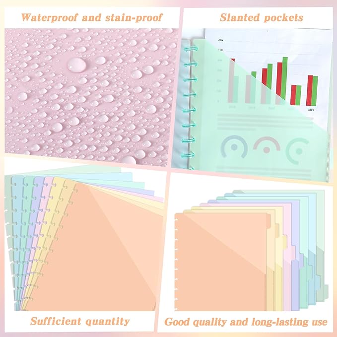 8 Pcs Discbound Pocket Dividers 8.5 x 11 Dividers with Tabs and Pockets Discbound Pocket Folders Letter Size Binder Divider Plastic Disc Planner Supplies for Business School Office(Macarons)