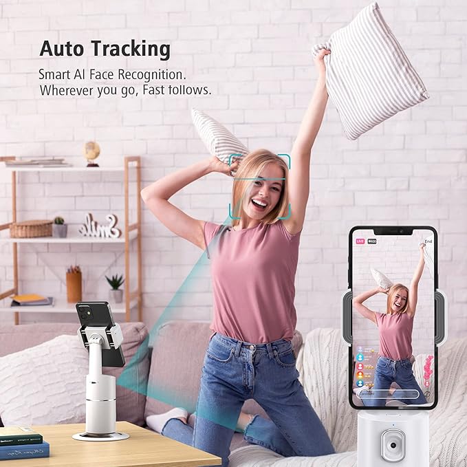 Auto Face Tracking Phone Holder, No App Required, 360° Rotation Face Body Phone Tracking Tripod Smart Shooting Camera Mount for Live Vlog Streaming Video, Rechargeable Battery-White