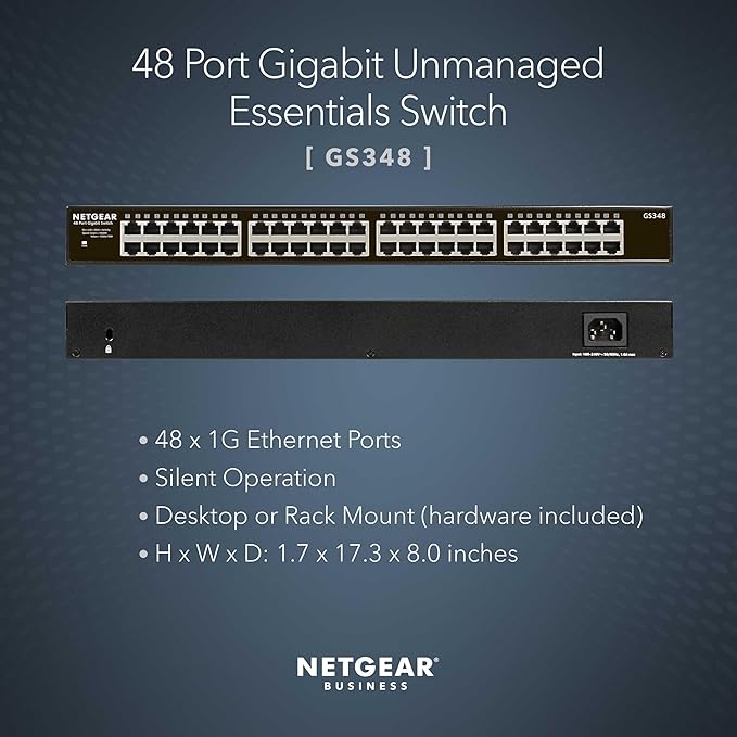 NETGEAR 48-Port Gigabit Ethernet Unmanaged Essentials Switch (GS348) - Desktop or Rackmount, Silent Operation