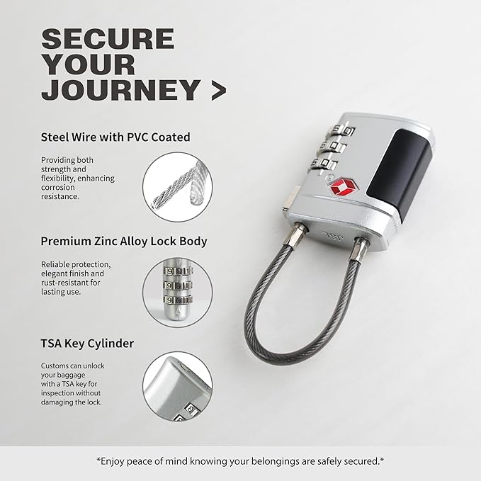 Luggage Locks TSA Approved 2 Pack, Small Combination Padlock, TSA Locks for Luggage, Combo Cabel Padlock for Travel Suitcase, Gym Locker, Gun Case, Ammo Can, Backpack Zipper (Black+Silver)