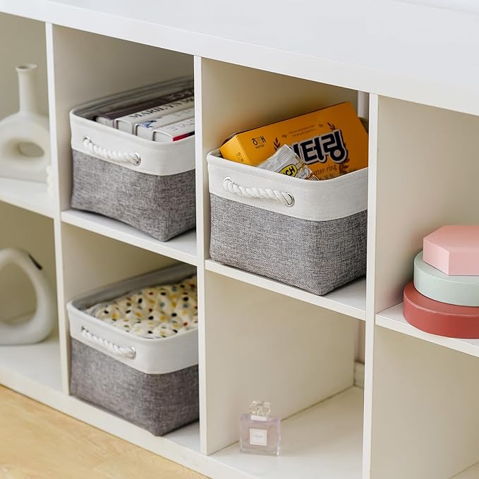 TheWarmHome Storage Bins for Shelves - 13.8L×9.8W×6.7H inch 3 Pack Medium Collapsible Storage Baskets for Organizing | Fabric Storage Cubes for Linen Closet Toy Home (White&Grey)