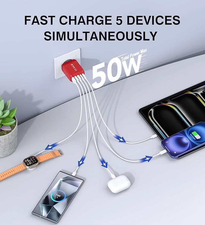 50W USB C Wall Charger, 2Pack 5-Port C Charger Fast Charging Block PD Power Adapter +QC 3.0 Multiport Type C Box Brick Cube USB A Wall Plug for iPhone 14/15/16/17 Pro Max, iPad,Samsung Galaxy(Red)