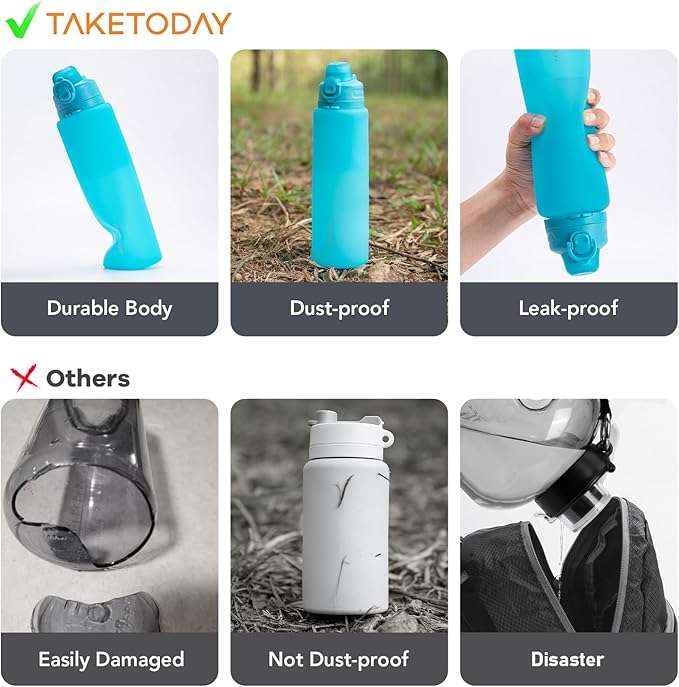 TakeToday Collapsible Water Bottles 32oz, Foldable Travel Water Bottle, BPA Free, Silicone Water Bottle Leakproof for Hiking, International Travel, Outdoors