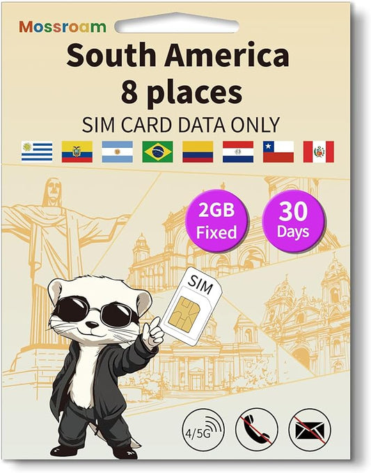 SIM Card for 8 Countries in South America– Prepaid Data Plans | 2GB Daily Data,30 Days | High-Speed Internet | Ideal for Travelers