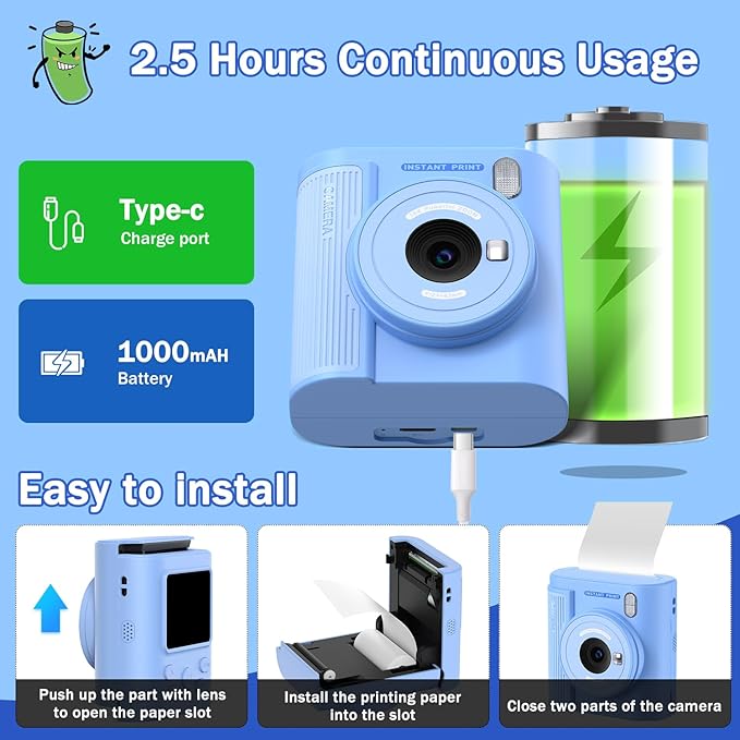 Kids Camera Instant Print for 3-12 Year Olds, HD Digital Instant Print Camera for Boys & Girls, Ideal Christmas Birthday Gift with 32GB SD Card, Easy to Use