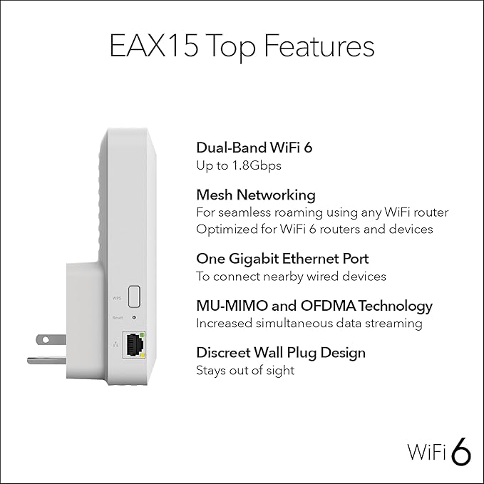NETGEAR WiFi 6 Mesh Range Extender (EAX15) - Add up to 1,500 sq. ft. and 20+ Devices with AX1800 Dual-Band Wireless Signal Booster & Repeater (up to 1.8Gbps Speed), WPA3 Security, Smart Roaming