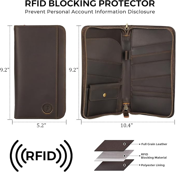 Polare Full Grain Leather Family Passport Holder Travel Documents Organizer RFID Blocking Wallet with Coin Pouch and AirTag Slot Fits 6 Passports