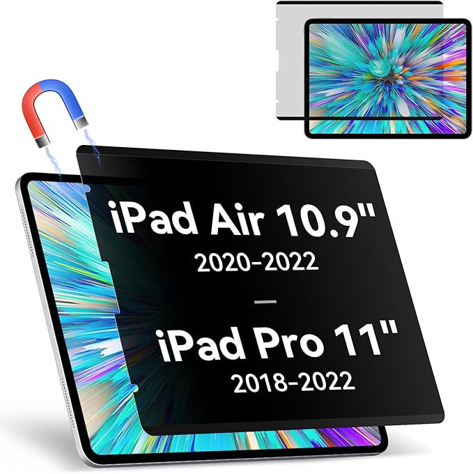 Magnetic Privacy Screen Protector Compatible with iPad Air 5th 4th 10.9" & iPad Pro 11(2018-2022), Removable Anti Glare Blue Light Bubble-Free Black Security Protector Private Filter