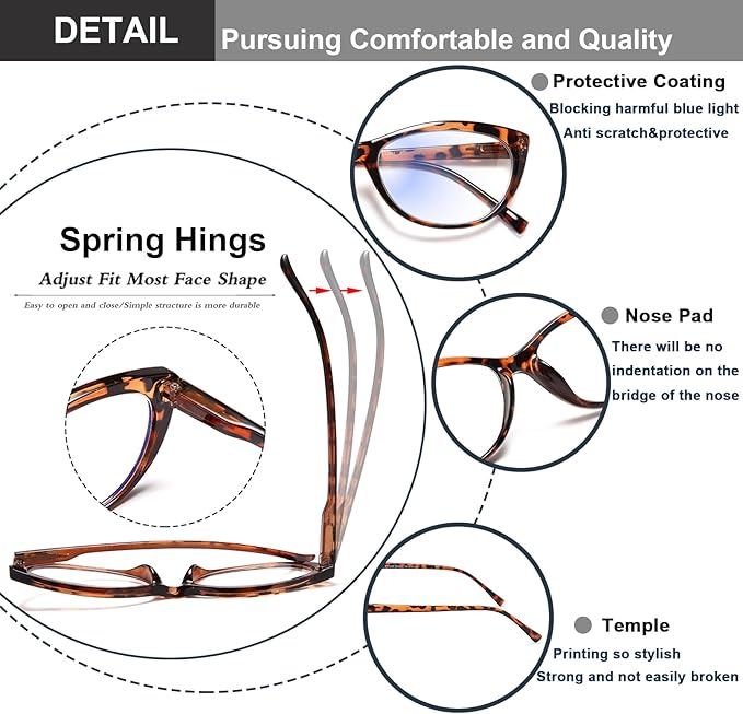 EYEURL 4 Pack Cat Eye Reading Glasses for Women,Blue Light Blocking Readers Lightweight Spring Hinge Anti Eyestrain UV Fashion Eyeglasses +2.0