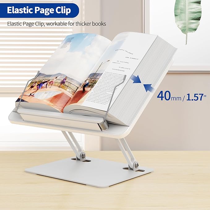 BESIGN BS01 Book Stand for Reading, Adjustable Book Holder, Ergonomic Laptop Stand with Elastic Page Clips for Music Scores, Recipe, Tablet, Laptop (White)