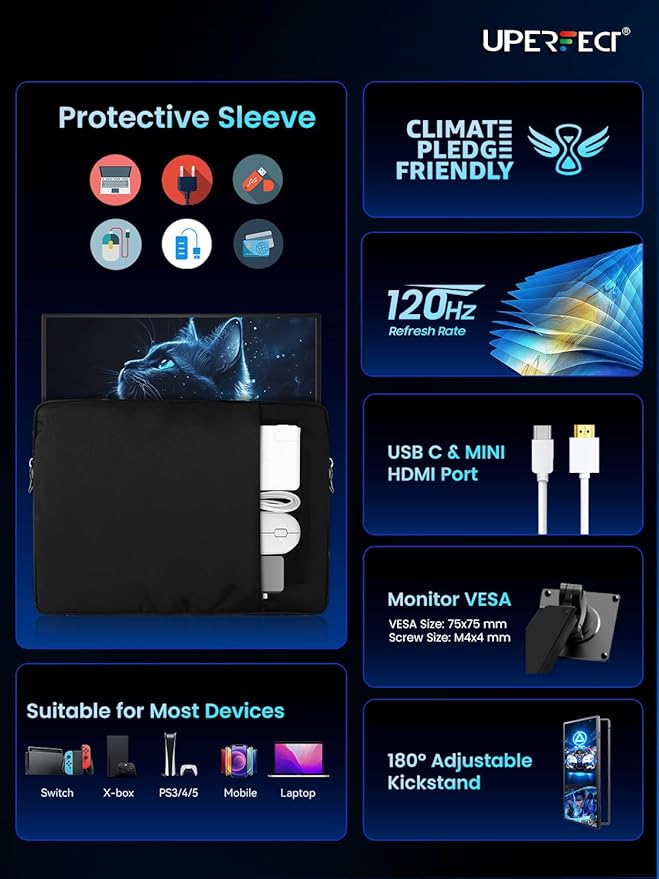 UPERFECT Portable Monitor 18.5 inch 120HZ 125% sRGB 1080P w/VESA & Stand, Large Portable Monitor FreeSync IPS HDR Gaming Display, HDMI USB C Travel Second Screen for Laptop MacBook