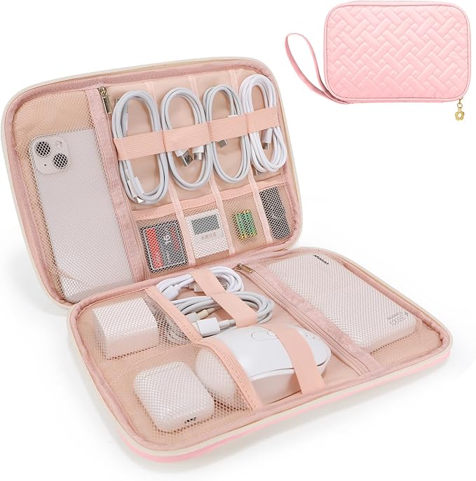 Electronics Organizer Travel Case, Charger Bag Cord Organizer Travel, Compact Tech Pouch Cable Organizer Bag for Charger, Cords, Phone, Headphones, Flash Drive, SD Card (Pink, Large-Single Layer)