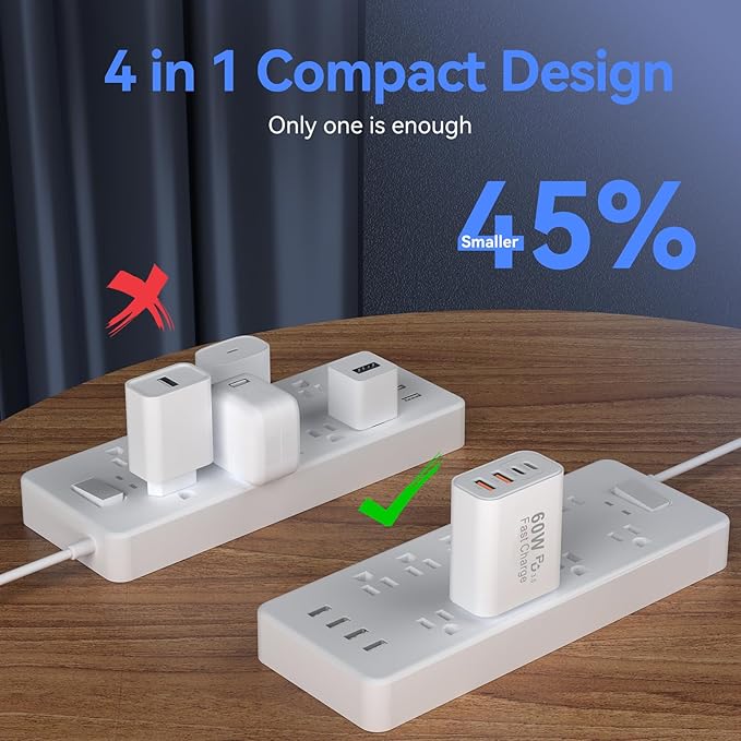 USB C Wall Fast Charger Block, 60W 4-Port Type C Charger Fast Charging Blocks +QC 3.0 USB C Multiport Charger Brick for Phone 16/15/14/13/12 Pro Max, Pad, Galaxy S24/23