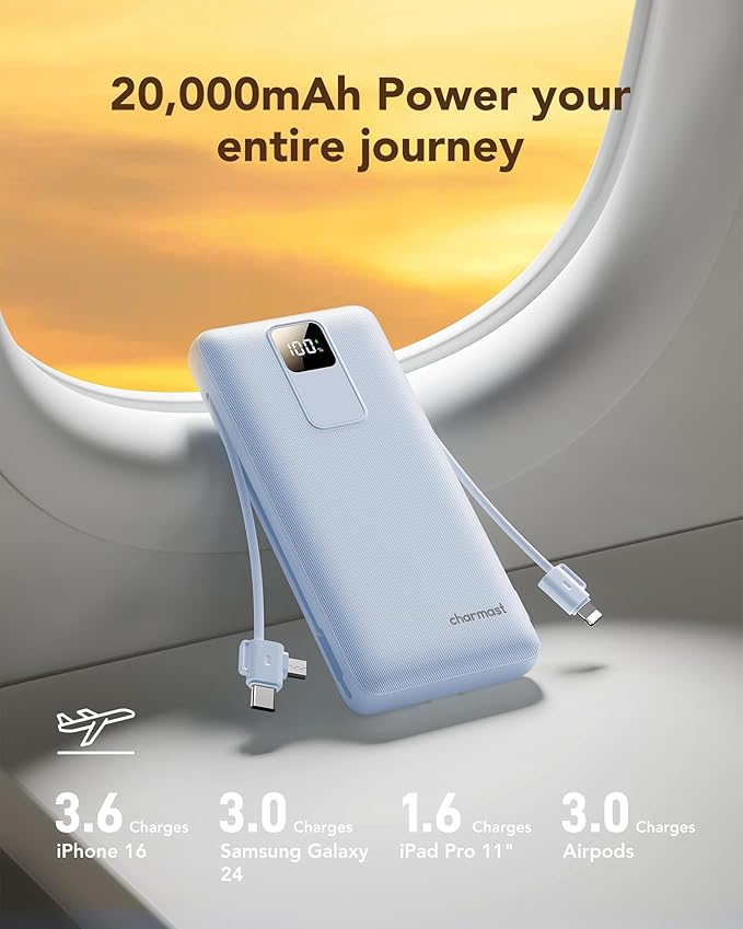 charmast 20000mAh Portable Charger with Built-in Cables & Wall Plug, 20W USB C Power Bank, Fast Charging Battery Pack Travel Essentials Compatible with iPhone 16/15/14 Series, Samsung, Google, iPad
