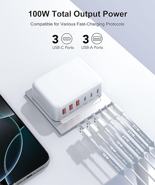 Fast Charger Block, GaN 6 Port USB C Charging Station Hub Cube, 100W Multiport Type C Wall Charger Power Strip Plug with PD 3.0+QC for iPhone13 14 15 16 17 Pro Max XR XS 8 7, Samsung, iPad, Table