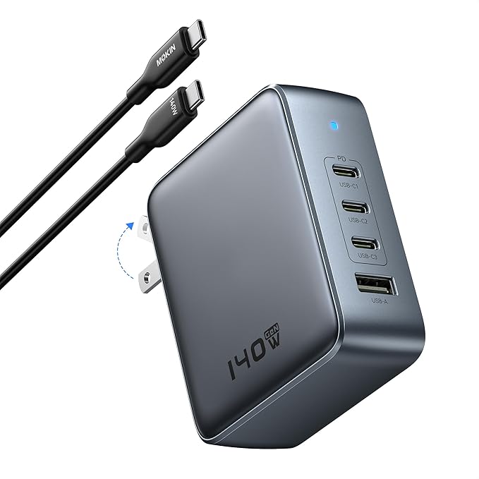 USB C Charger Block 140W, 4-Port GaN PD3.1 PPS Fast Laptop Charger Foldable Compact Power Adapter for MacBook Pro, iPhone 17/16/15 Series, iPad Air, Galaxy S25/S24 Ultra, Steam Deck, Google Pixelbook