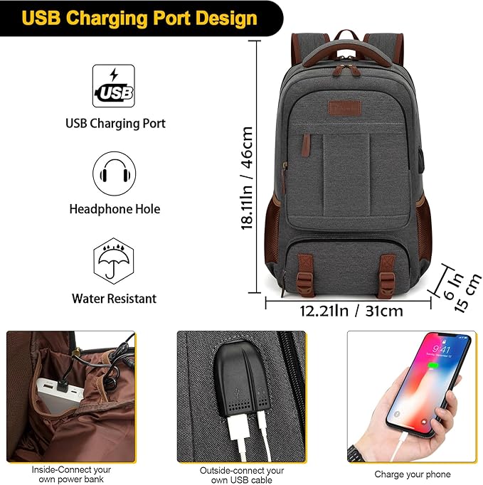 Tzowla Canvas Laptop Backpack, Bag for Men Women,Travel Work Rucksack Fits 15.6 Inch Laptop, Bookbag with USB Charging Port