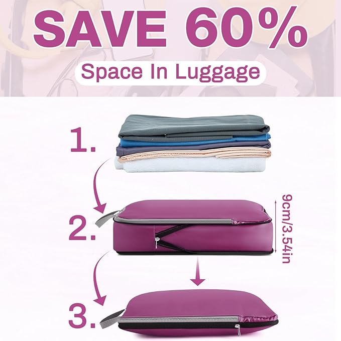 Hosuly 6 Pcs Large Compression Packing Cube Bag Travel Expandable Space Saving Organizers for Luggage Storage(Purple,17.3 x 12.6'')