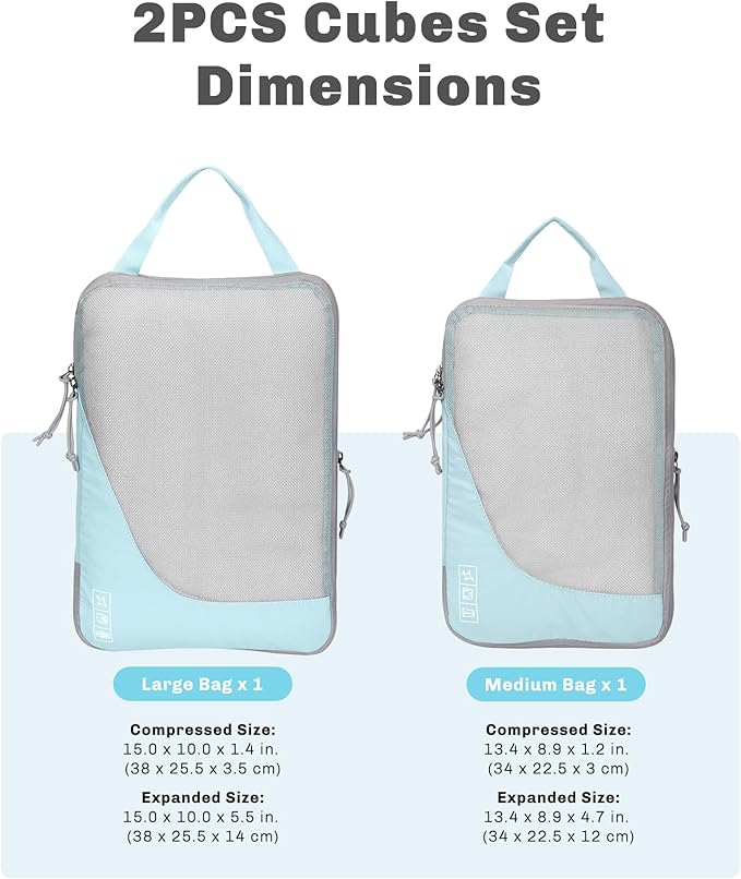 Hynes Eagle 6 Set/ 4 Set/ 2 Set Compression Packing Cubes Travel Essentials Lightweight Nylon Luggage Suitcase Organizer Bag Light Blue 2PCS