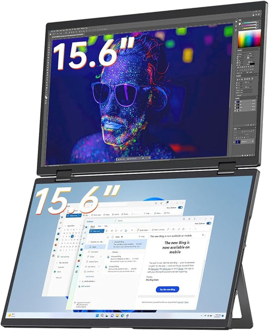 VisionOwl 15.6" Dual Foldable Portable Monitor 1080P, 107% sRGB, ΔE<2, USB-C, HDMI, Stacked Screen Extender, DisplayLink Compatible, Built-in Kickstand, VESA Holes for Laptop PC Mac Windows